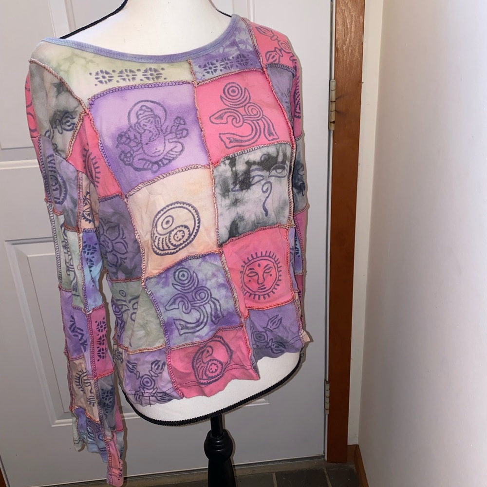 Colorful patch shirt with Om, Buddha eyes and lord Ganesh
